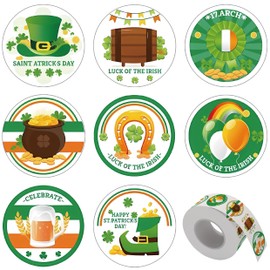 500pcs St.Patricks Day Stickers for Kids, 8 Design St.Patricks Day Stickers Roll, 1.5 inch Shamrock Stickers for Envelopes,Teacher Reward Stickers St. Patrick's Day Party Decorations