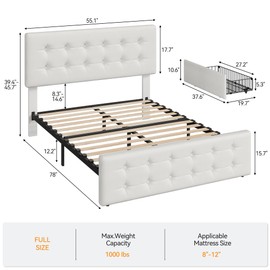 IDEALHOUSE Full Size Bed Frame with 4 Storage Drawers and Headboard, Faux Leather Upholstered Platform Bed Frame with Wooden Slats Support, Button Tufted Design, No Box Spring Needed, Beige