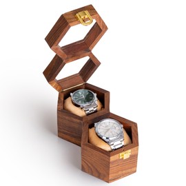 inanosa Men’s Watch Box Organizer – Dark Rosewood Display Case with Glass Lid, Stylish Travel Watch Storage, Gift for Him (2 Slot)