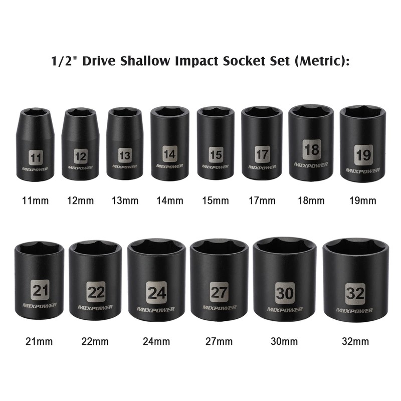 MIXPOWER 14 Pieces 1/2-Inch Drive Shallow Impact Socket Set, 11-32mm,