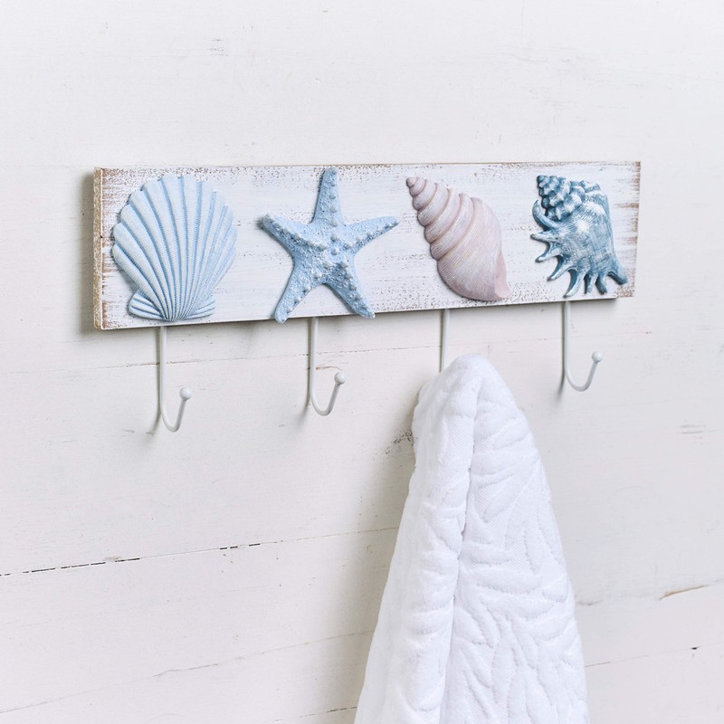 TideAndTales Beach Decor Seashell Wall Hooks Towel Rack for Bathroom,