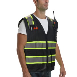 DPSAFETY 9 Pockets High visibility Class 2 Safety Vest，Hi Vis Vest with 2 inch wide Reflective Strips security vest with Zipper construction work vest for men &women Black，XL