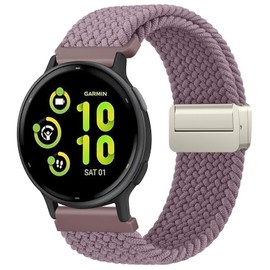 Braided Band Compatible With Garmin Vivoactive 6/Vivoactive 5/3/3 Music Watch Bands, 20mm Quick Release Stretchy Magnetic Strap for Venu Sq 2/Forerunner 55/165/245/645 (Smoke Purple)