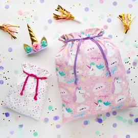 Gather & Knot Drawstring Gift Bags | 20" Large 12" Small | Premium Canvas | Reusable Fabric Wrap for Baby Shower or Girls Birthday | Unicorn