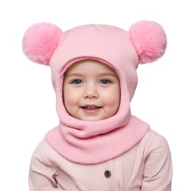 DRESHOW Children's Winter Hat Warm Scarf Slip-On Hat Knitted Hat Hood Soft Scarf Hat with Double Bobble Pom Pom Beanie Hat for Toddlers Boys Girls 6 Months - 6 Years, 1 Pc: 08-Pink