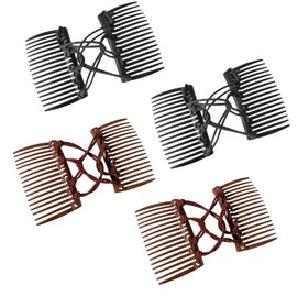 4pcs adjustable elastic wrinkle free double comb hair clip, wrinkle free hair clip, vintage hair bundle maker, suitable for curly thick ponytails (black, brown)