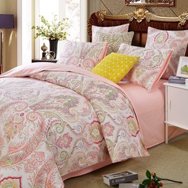 Lanqinglv Duvet Cover Set King Size Bohemian Pink White Floral Boho Patterned Bedding Sets,Elegant Microfiber Indian Flowers Quilt Duvet Cover with Zipper Closure and 2 Pillowcases 50x75cm