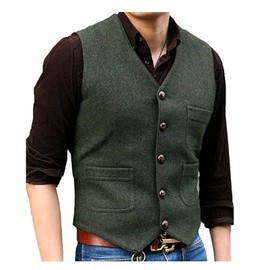 SOLOVEDRESS Mens Vintage Tweed Suit Vest V Neck Casual Wool Waistcoat for Wedding Groomsmen(Army Green,XXL)