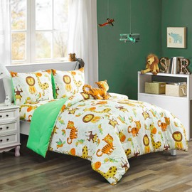 WPM Kids Collection Bedding 4 Piece White Green Safari Forest Jungle Print Twin Size Comforter Set with Sheet Pillow sham and Furry Toy Fun Tiger Monkey Theme Design (Safari Life, Twin Comforter)