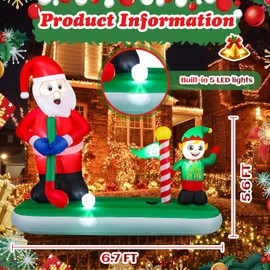 Realspring Large 5.6 FT x 6.7 FT Christmas Inflatable Santa Claus Play Golf Elf Decorations Inflatable Outdoor Christmas Decorations Built-in LED Lights Blow Up Yard Decorations for Outdoor Xmas Lawn
