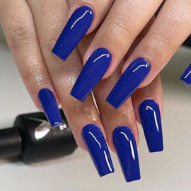 Royal Blue False Nails Long - 24PCS Square Press on Nails - Glossy Solid Color Dark Blue Fake Nails Kit with Glue - Acrylic Full Cover Stick on nails for Women Girls Nail Art Accessories