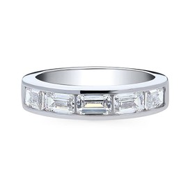 BERRICLE Sterling Silver 5-Stone Wedding Rings Channel Set Emerald Cut Cubic Zirconia CZ Anniversary Half Eternity Ring for Unisex, Rhodium Plated Size 8