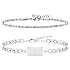 Pmormyy 2PCS Initial Letter Stainless Steel Bracelet, A-Z Letter Pendant Cuban Rope Link Chain for Men Women Jewelry Set Silver J