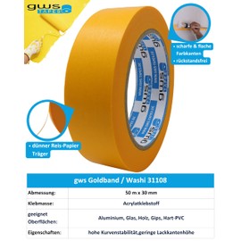 gws 1 Roll of Gold Tape, Painter's Tape for Painting, Painting, Varnishing, Crafts and Much More, Painter's Masking Tape, Removable Without Residue, Thin & Sturdy, 50 m x 30 mm