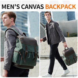 Nerlion Leather Backpack for Men Waxed Canvas Laptop Backpack 17.3 Inch Rucksack Vintage Travel Backpack (Green)