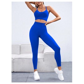 SHENHE Women's Workout Yoga Set 2 Piece Seamless Strappy Sports Bra High Waist Leggings Gym Set Royal Blue Small