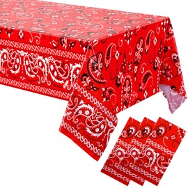 3 Pcs Bandana Party Tablecloths,54 x 108 Inch Plastic Western Party Tablecloth, Bandana Paisley Table Cover, Rodeo Table Cloth for Western Mexican Favor Supplies (Red)