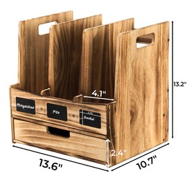 Eorbow Wooden Desk File Organizer, Desktop Document Folder Holder with 3 Compartments and 1 Drawer, Desk Organizer Binder Rack with Chalkboard Label, Magazine Storage Box Mail Sorter for Office Home
