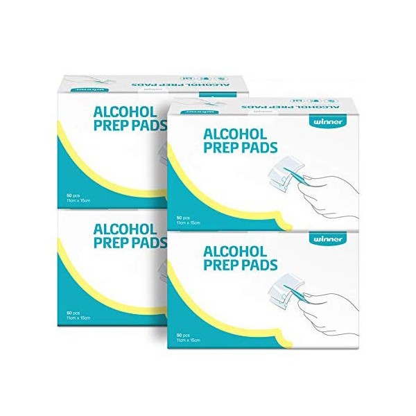 Winner Alcohol Prep Pads, Larger Size, 4-Ply Square Cotton Pads Well-Saturated in Alcohol, 200 Alcohol Wipes (4.33” X 5.19”)