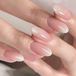 Press on Nails Short Round Almond French Tip Fake Nails with Nude Pink Glitter Design Full Cover Glossy Acrylic Glue on Nails False Nails Thick Stick on Nails for Women 24Pcs JP2324
