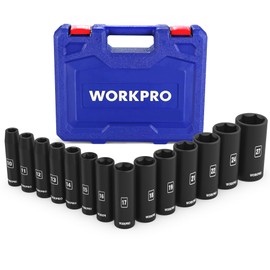 WORKPRO 14-Piece 1/2＂ Drive Deep Impact Socket Set, 6-Point Impact Deep Socket Set with Heavy Duty Storage Case for Automotive and Mechanical Repairs, 10mm-27mm, Cr-V Steel, Metric