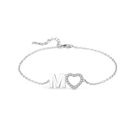 PHNIBIRD Women's Bracelet with Letters Silver Heart Bracelet Valentine's Day Christmas Birthday Jewellery Gift for Women Mum Wife, Sterling Silver, Cubic Zirconia