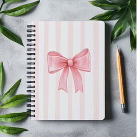 bitCNY Coquette Pink Bow Striped Spiral Notebook - Preppy Aesthetic Notebook Journal for Women, Coquette Girly Office Supplies, Preppy Bow Notebooks for Note Taking, 5.5x8.3 Inch