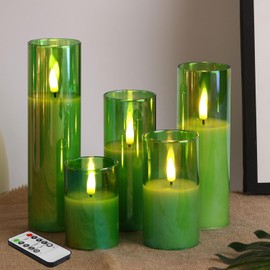 Eywamage Green Glass Flameless Candles with Remote Batteries, Flickering Slim Tall LED Pillar Votive Candles Set of 5