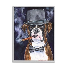 Stupell Industries Sophisticated Boxer Dog Portrait Top Hat Pet, Design by George Dyachenko Grey Framed Wall Art, 11 x 14, Brown