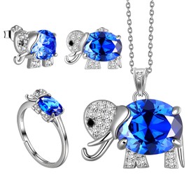 Lucky Symbol Animal Elephant Ring Birthstone Open Ring White Gold Over Sterling Silver Cute Elephant with Birthstone Jewellery Set for Women Girls Wife Girlfriends Valentine's Day Jewellery Gift,