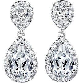 1 pair of Bridal Teardrop Drop Earrings Pierced/Clip Earrings Cubic Zirconia Silver Tone(Clear,One Size)