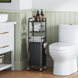MAHANCRIS Small Bathroom Storage Cabinet, Slim Corner Floor Cabinet with Wheels, Narrow Bathroom Organizer with Adjustable Shelf, Toilet Paper Storage Cabinets, for Small Spaces, Black
