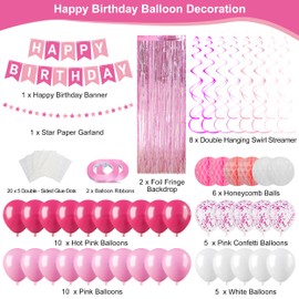 Pink Happy Birthday Party Decorations for Women Girls, Pre-Strung Happy Birthday Sign Banner, Pink Balloons, Fringe Curtain, Tissue Paper Pom Poms, Star Garland, Hanging Swirls for Birthday Party