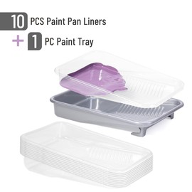 Bates- Paint Tray Set, 9-Inch, 12 pcs, Plastic Paint Tray with 10 Tray Liner, Textured Deep Capacity Disposable Paint Tray with Wire Roller Frame, Paint Pan Liners, Transparent Paint Pans Trays