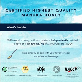 Honey Australia Manuka Honey MGO 830+ | Medical Grade, Organic, Raw, Certified Pure Manuka Honey for Daily Health & Wellness | Delicious, Rich Taste, Also Suitable For Skin Care, 8.8 Oz / 250 g