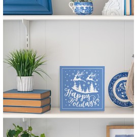 Absnfatu Happy Holiday Christmas Wooden Box Sign, Christmas Desk Decor, Farmhouse Christmas Trees Reindeer Snowflake Xmas Wood Signs for Home Office Table Shelf Decoration, 5x5 Inch(blue)