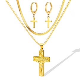 LOVOMEY18K Gold-Plated Christian Cross Necklace for men women Jesus Faith Pendant Necklace cross earrings Herringbone Chain Religious Jewelry for Daily Gift for Anniversaries Birthdays