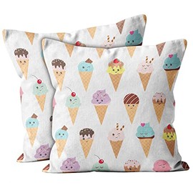 Set of 2, Decorative Square Throw Pillow Case Cushion Cover, Kawaii Ice Cream Pattern, 18x18 inch, for Couch Sofa Bedroom Chair Home Decor