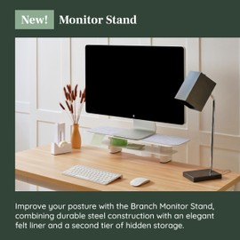 Branch Monitor Stand - Elegant, Durable Powder-Coated Steel Stand with Soft Felt Liner - Small Monitor Riser Second Tier Storage - Installs with a Universal Clamp for Ergonomic Workspace - White