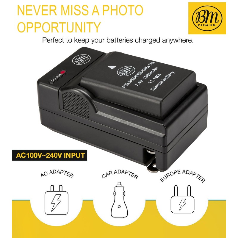 BM Premium EN-EL14A, EN-EL14 Battery and Charger for Nikon D3100,