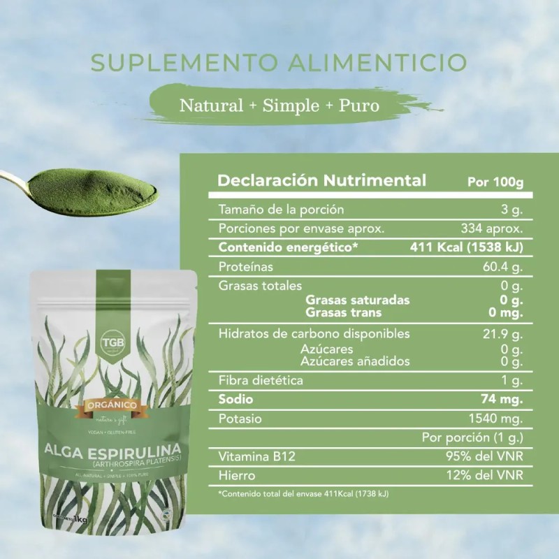 Alga Espirulina 100% Pura Organica Polvo 500g.