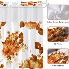 SSCRCUSLY - Cortina de ducha sin gancho con forro a presión, color naranja, floral y blanco, forro interior de tela de estilo hotel moderno para baño, 71 x 84 pulgadas
