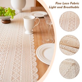 Zulzifs Dresser Runner Cover Top - 13 x 70 Inches Cream Lace Table Runner, Macrame Crochet Dresser Scarf Doily for Drawer Dresser Modern Table Decor Beige