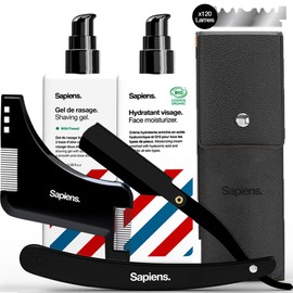 Sapiens Men's Shaving Set - Razor, Shaving Gel, Moisturizer, Contour Guide, 100 Derby Razor Blades