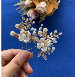 Resweky Pack of 2 Bridal Flower Hair Pins Beads Bridal Hair Pieces Leaf Hair Pin Wedding Bride Hair Accessories for Women and Girls (Gold)