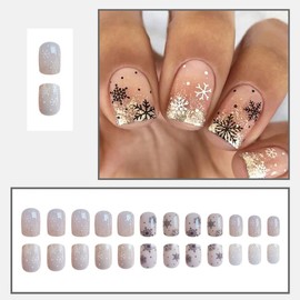 Christmas Press on Nails Short Square Fake Nails Snowflake False Nails with Glitter Gold Design Glue on Nails Glossy Full Cover Stick on Nails Xmas Snowflake Acrylic Nails for Women Manicure 24Pcs