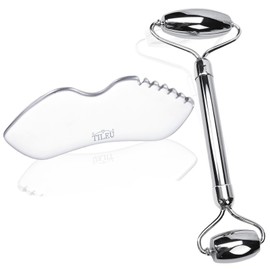 Tileu Stainless Steel Face Roller & Gua Sha Bundle-Facial Massage Tools, Metal Tool Set for Body Face Neck Eye and Skin Care, Muscle Scraper with Travel Pouch,Sculpting Lymphatic Drainage gift
