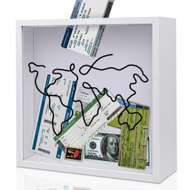 ZEEYUAN Adventure Archive Box 12x12inch Gifts for Dad Father Gift from Wife/Daughter/Son Travel Shadow Box for Memories Shadow Box with Slot, Commemorative Box for Display Travel Tickets, White