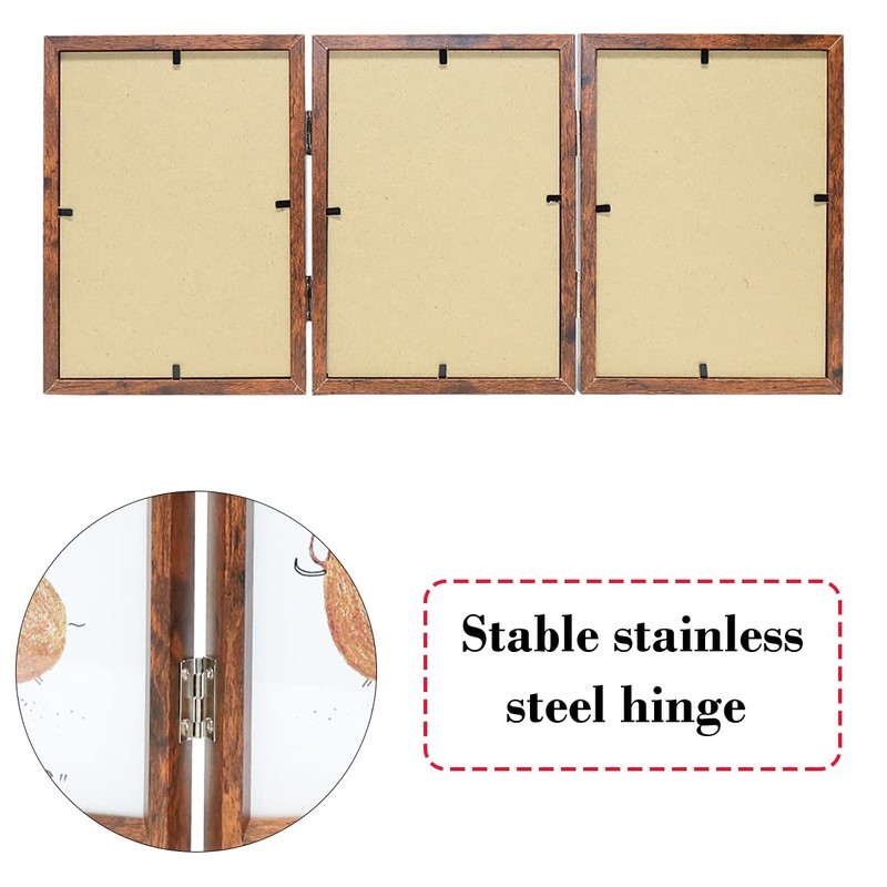 TOFOREVO 5x7 Triple Picture Frame Rustic Brown Wooden Hinged Beveled
