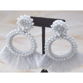 Fashion Jewelry White Beaded Tassel Statement Earrings